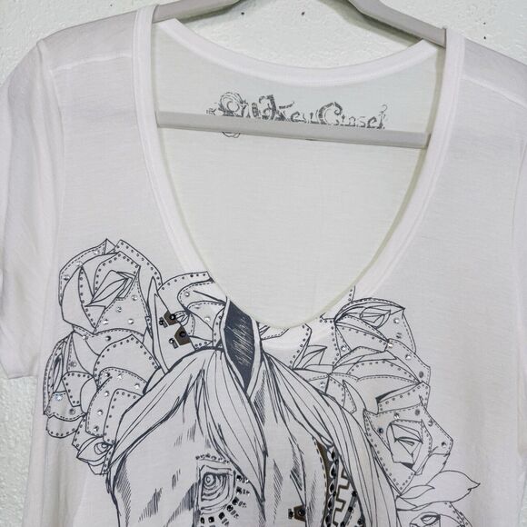 Key Closet Top Womens Medium Horse Rose Swarovski Crystal Tee Equestrian Y2K NEW - Picture 3 of 13